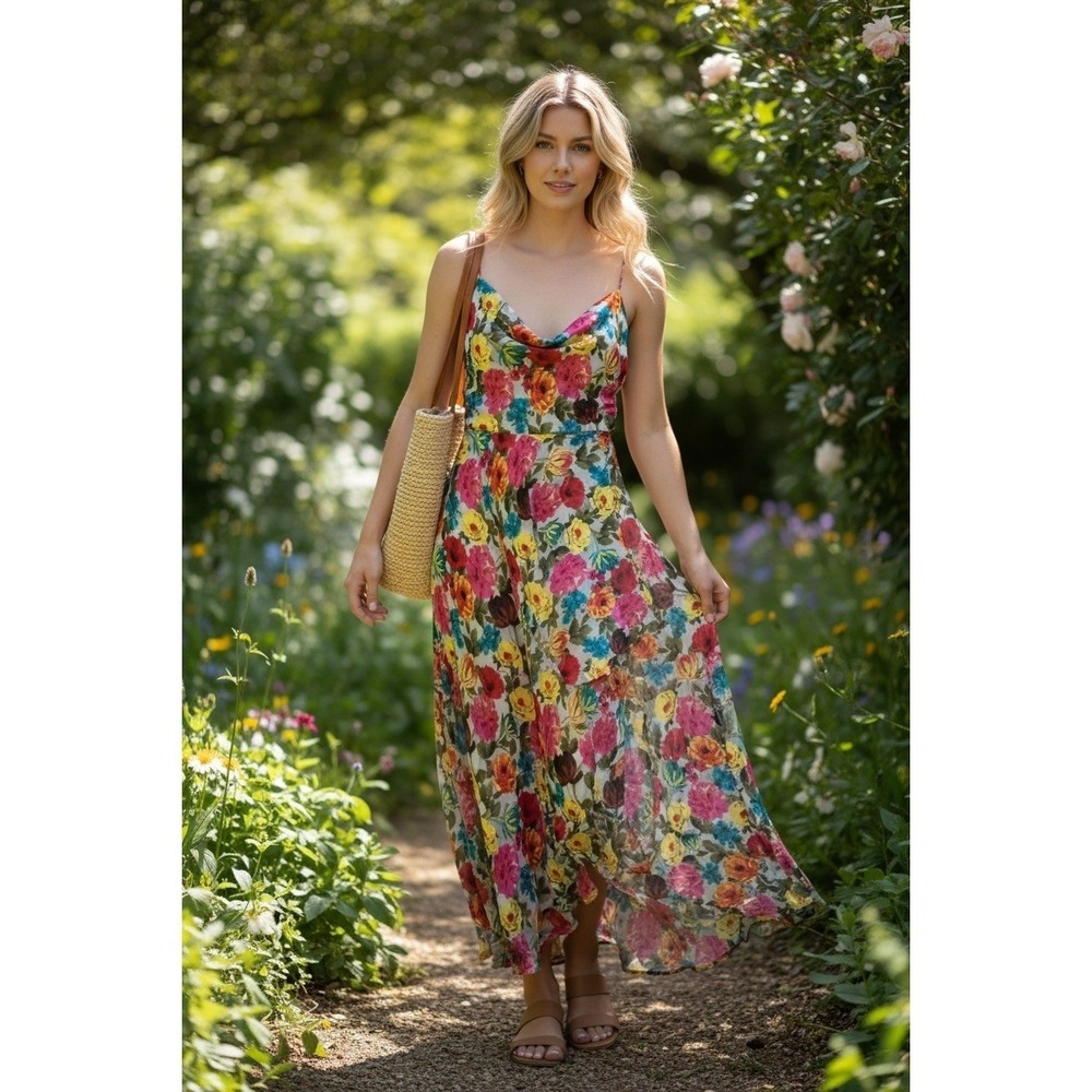 Alice + Olivia Maxi Dress Size 2 Floral Chiffon Burnout Satin Silk Blend Party